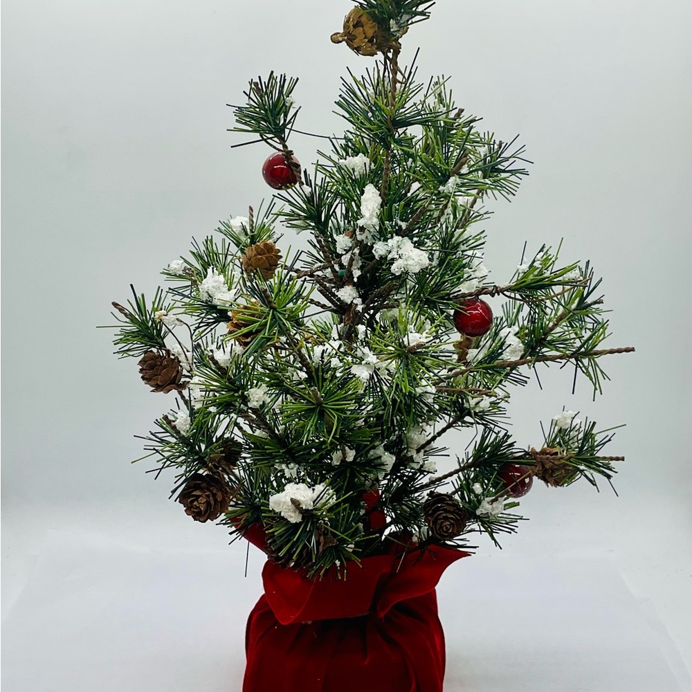 Rustic Snowy Brush Pine Tree 12" Christmas Tree Berries Pinecone Red Velvet Base